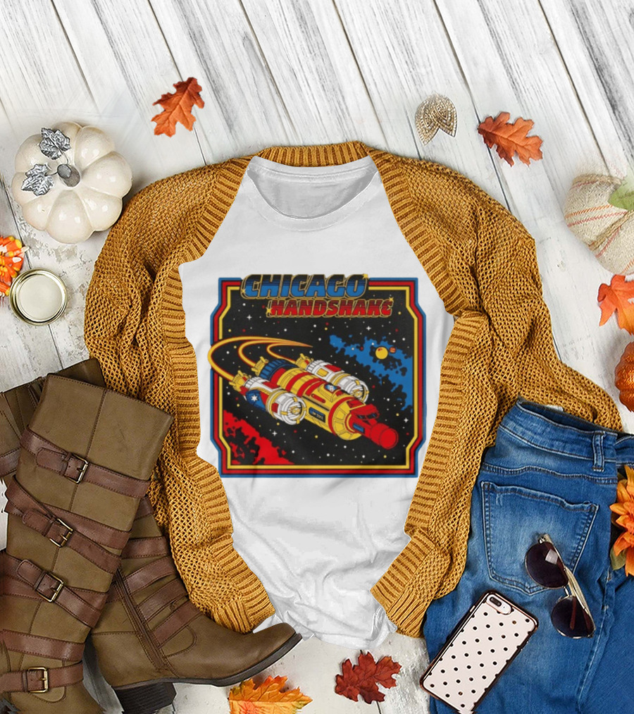 Chicago Handshake Spaceship Malort Old Lager Retro Sci Fi Space Adventure T-Shirt
