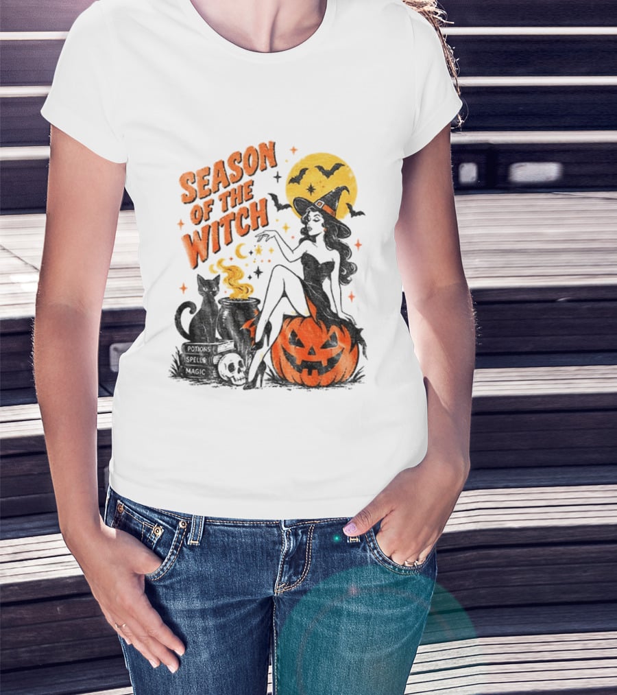 Season Of The Witch Halloween Spooky Season Full Moon Pumpkin Black Cat Bat T-Shirt