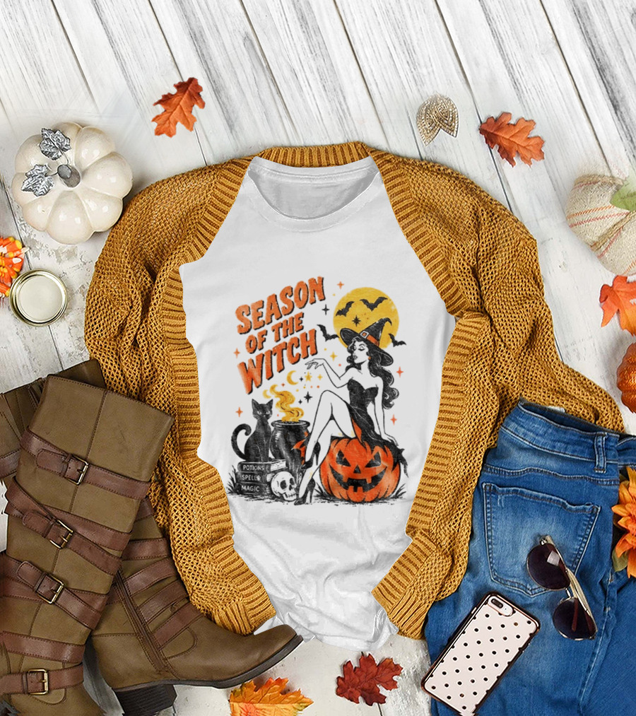 Season Of The Witch Halloween Spooky Season Full Moon Pumpkin Black Cat Bat T-Shirt