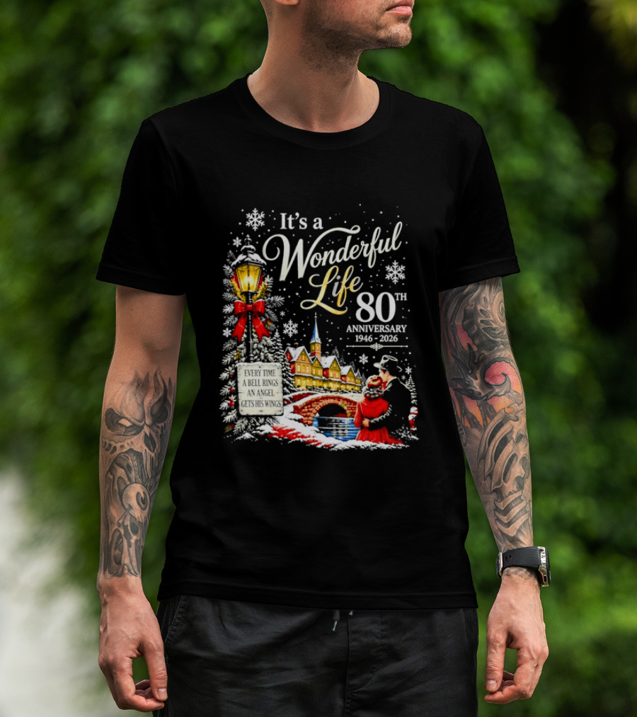 It's A Wonderful Life 80th Anniversary 1946 2026 Christmas Village Scene Snowflakes Lantern T-Shirt