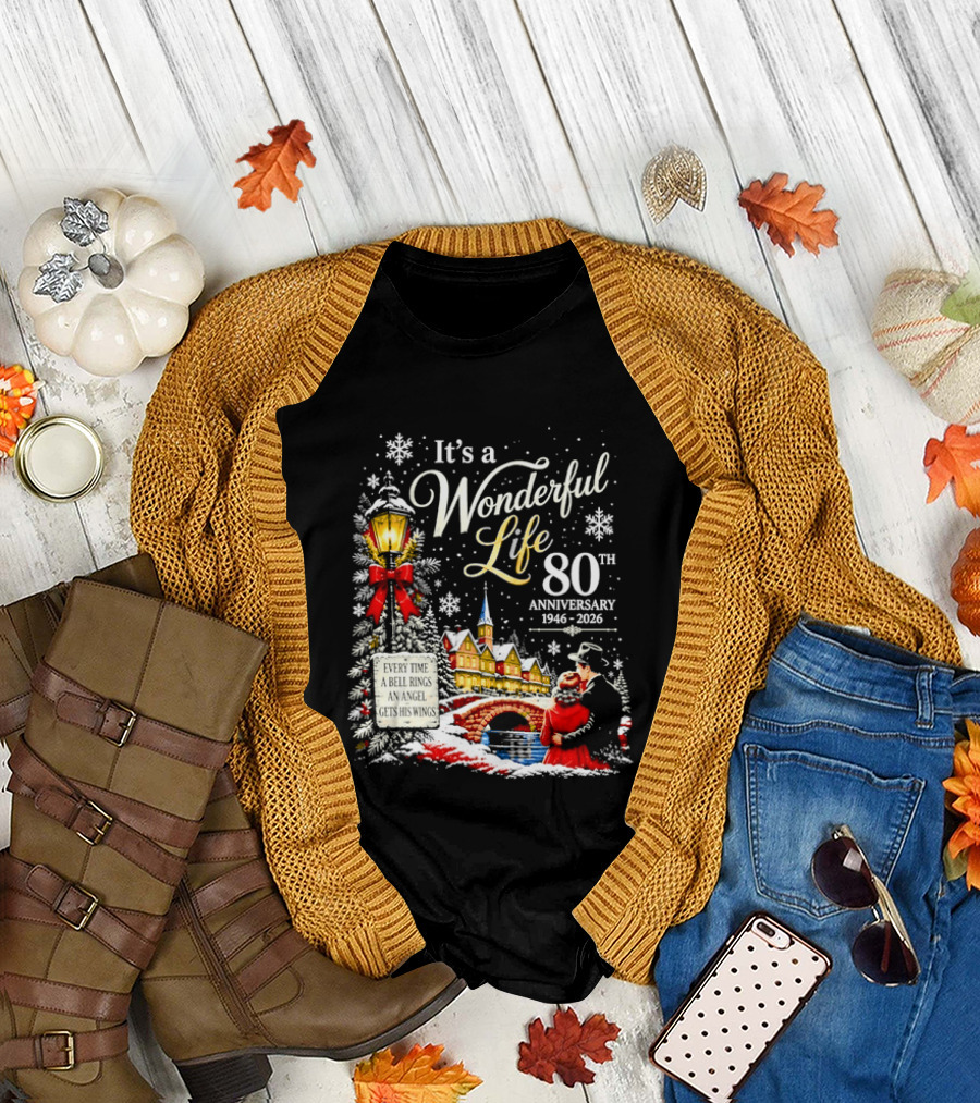 It's A Wonderful Life 80th Anniversary 1946 2026 Christmas Village Scene Snowflakes Lantern T-Shirt