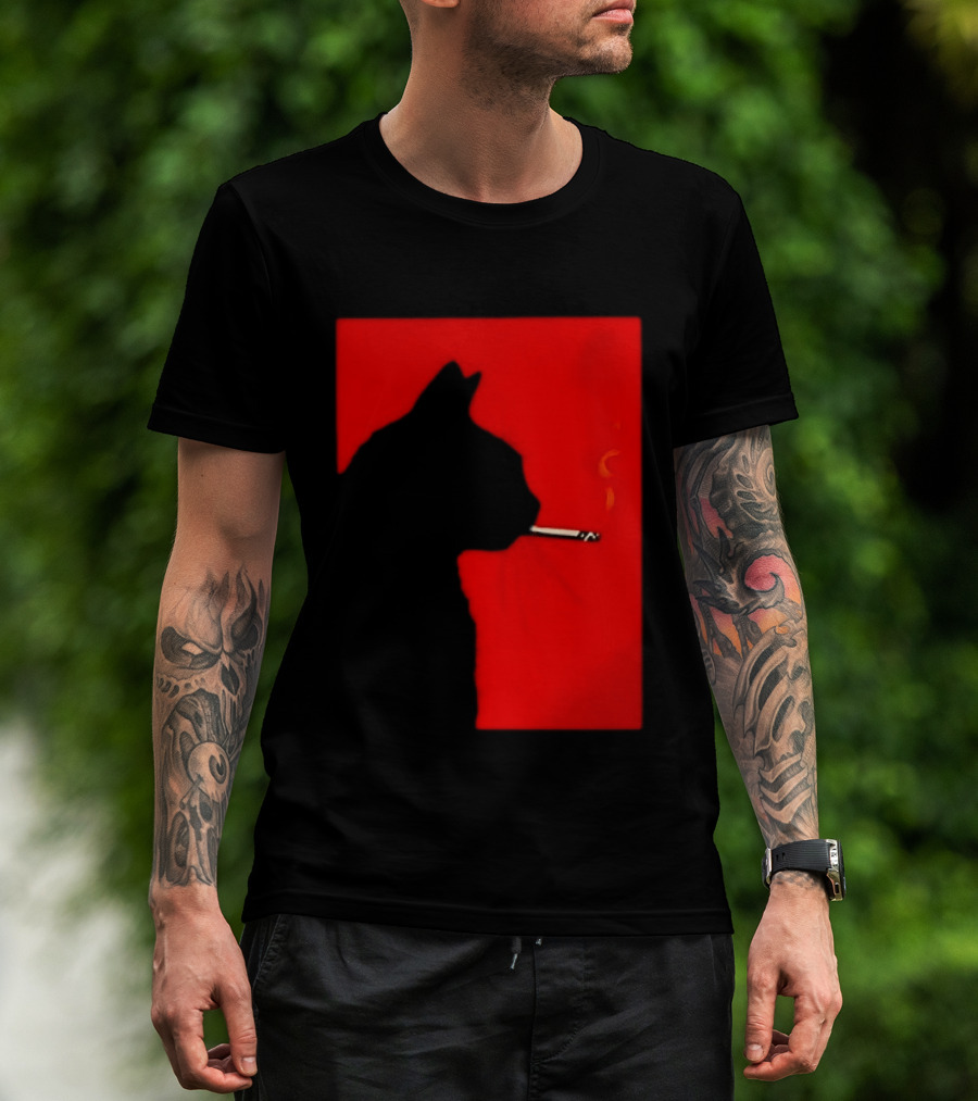 Black Cat Silhouette With Cigarette On Red T-Shirt