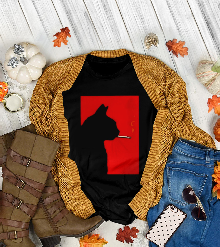 Black Cat Silhouette With Cigarette On Red T-Shirt