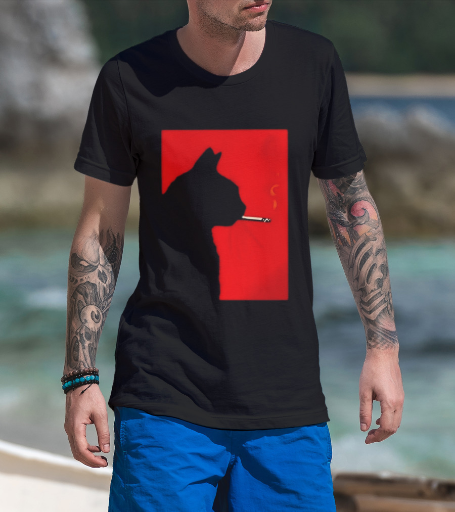 Black Cat Silhouette With Cigarette On Red T-Shirt