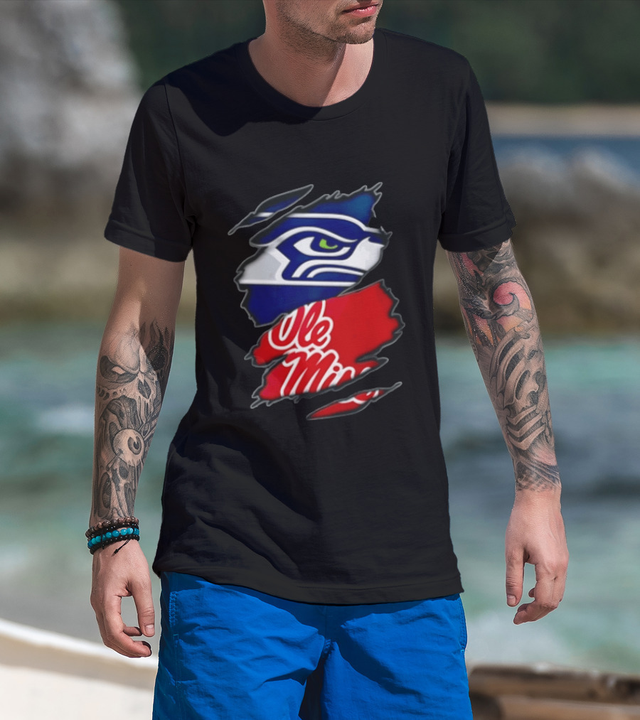 Seattle Seahawks Ole Miss Rebels Ripped Fabric Reveal T-Shirt