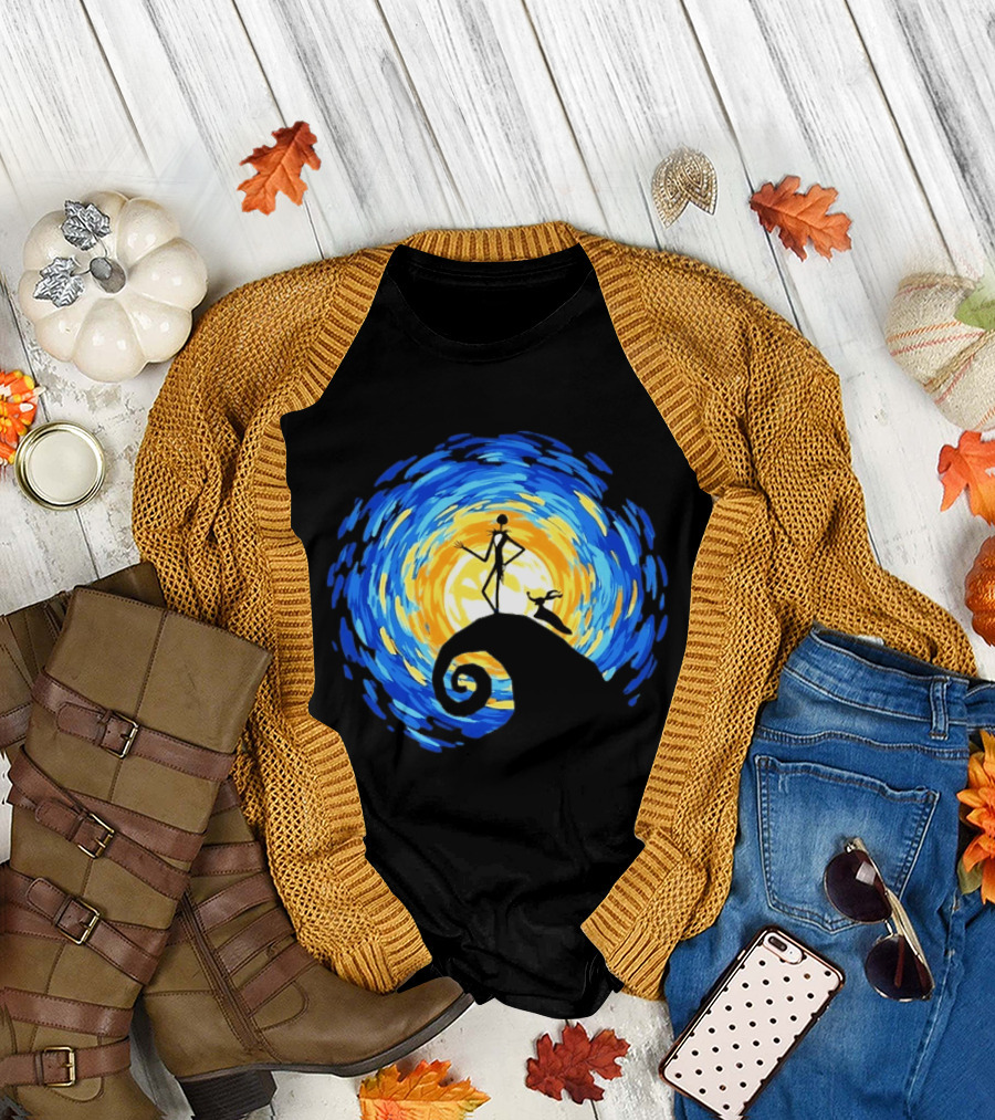 Jack Skellington Zero Halloween Starry Night Scene Inspired By Van Gogh T-Shirt