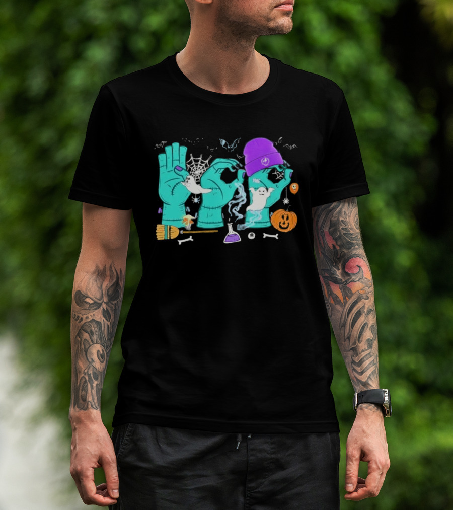 Boo ASL SPED Halloween 2026 Ghost Hands Pumpkin Broomstick Hat Bat Cobweb T-Shirt