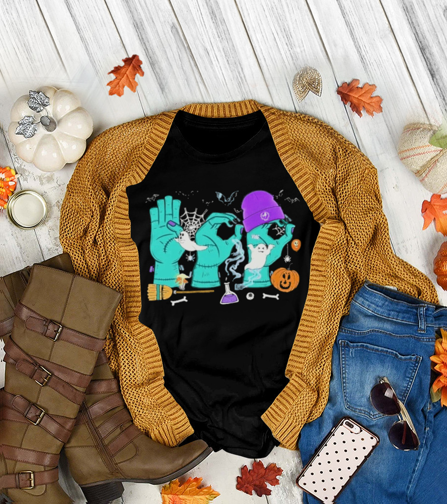 Boo ASL SPED Halloween 2026 Ghost Hands Pumpkin Broomstick Hat Bat Cobweb T-Shirt