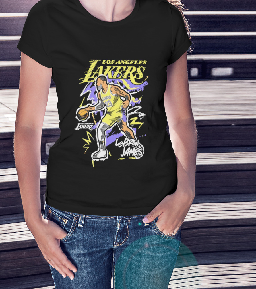 LeBron James Los Angeles Lakers 23 NBA Basketball Player Sketch Yellow Purple T-Shirt