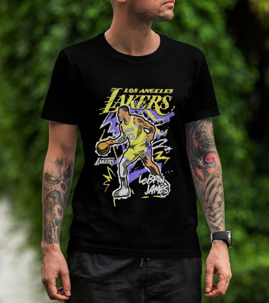 LeBron James Los Angeles Lakers 23 NBA Basketball Player Sketch Yellow Purple T-Shirt