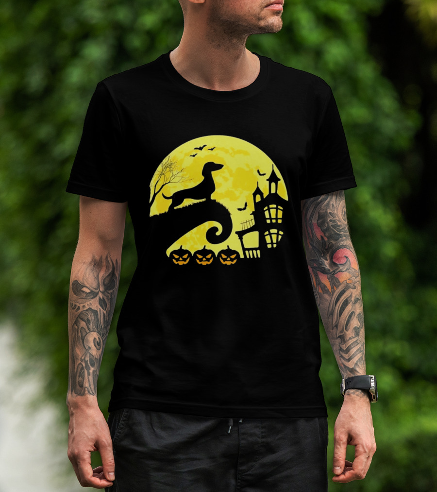 Dachshund Halloween Moon Spooky Night With Pumpkins T-Shirt