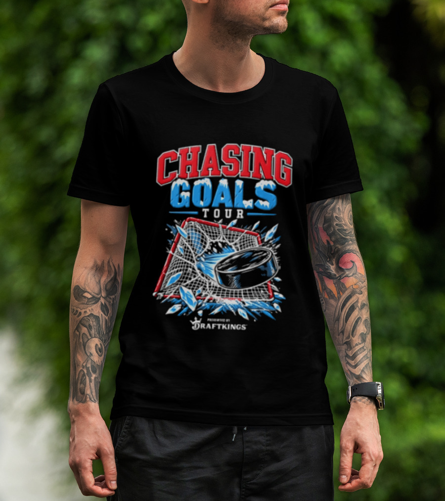 DraftKings Chasing Goals Tour Hockey Puck Crashing Into Net T-Shirt