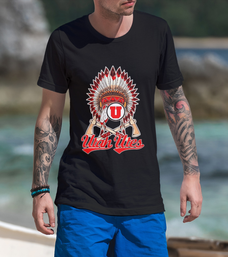 Utah Utes Headdress And Tomahawks Logo With Red And White U T-Shirt