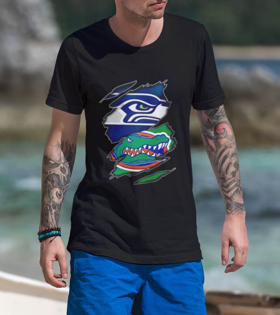 Seattle Seahawks Florida Gators Ripped Fabric Effect Sports Logos T-Shirt