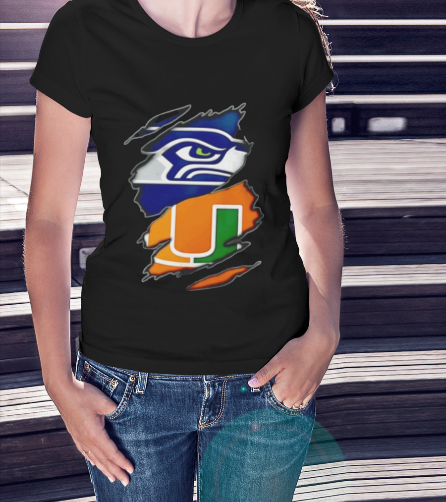 Seattle Seahawks Miami Hurricanes Torn Fabric Reveal Team Logos T-Shirt