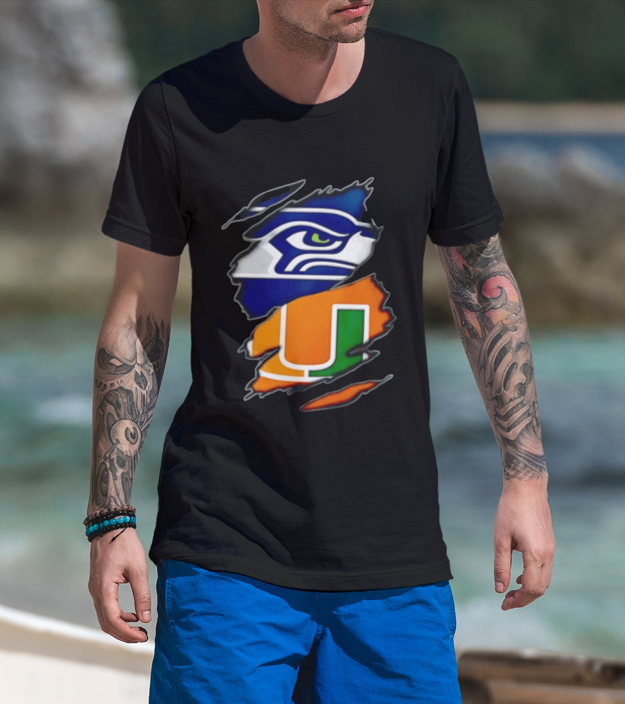 Seattle Seahawks Miami Hurricanes Torn Fabric Reveal Team Logos T-Shirt