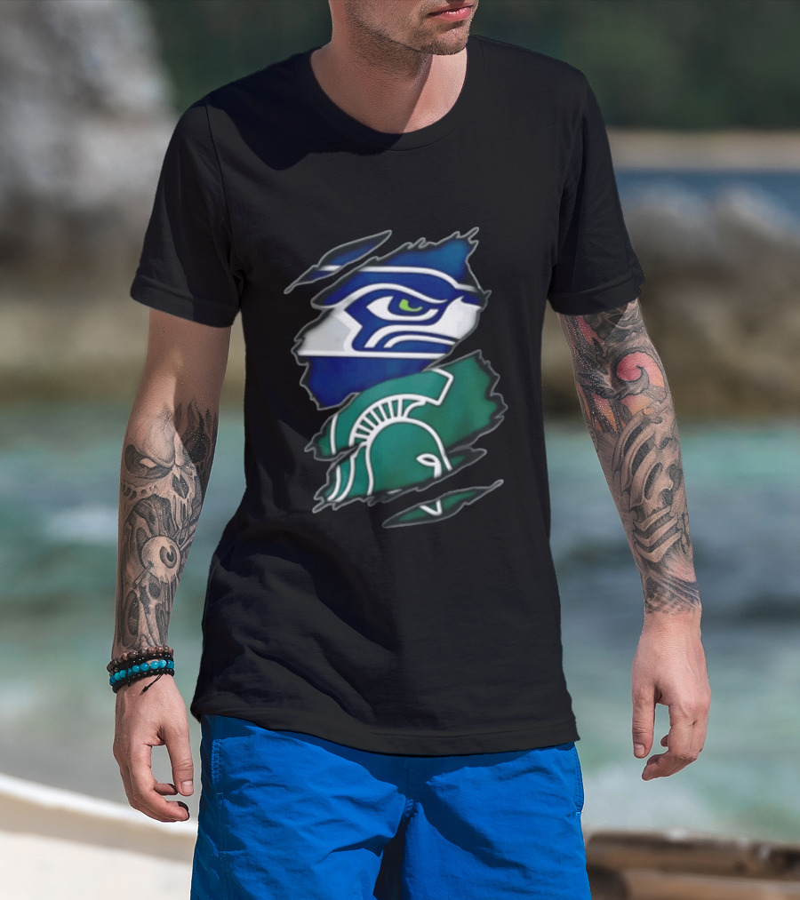 Seattle Seahawks Michigan State Spartans Torn Fabric Reveal Sports Logos T-Shirt