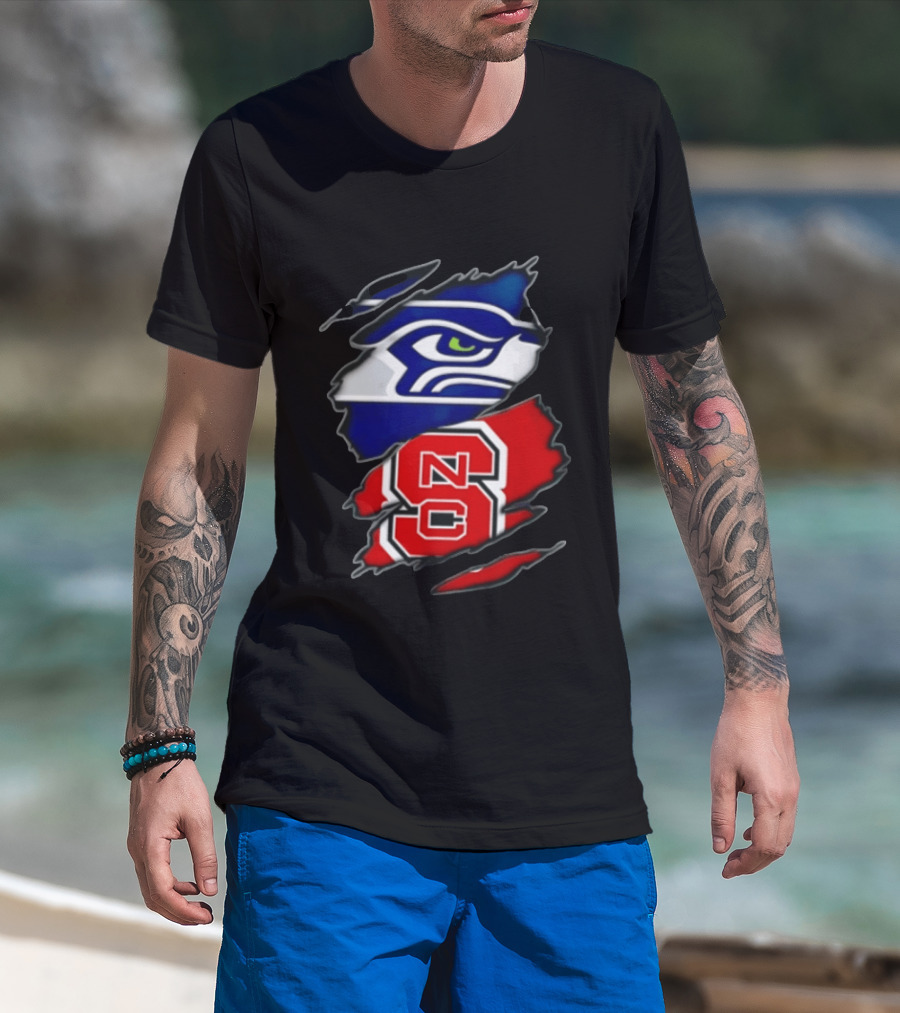 Seattle Seahawks North Carolina State Wolfpack Torn Fabric NFL NCAA Team T-Shirt