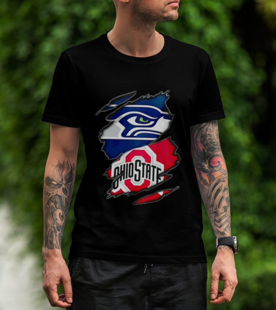 Seattle Seahawks Ohio State Buckeyes Torn Fabric Effect Team Logos T-Shirt