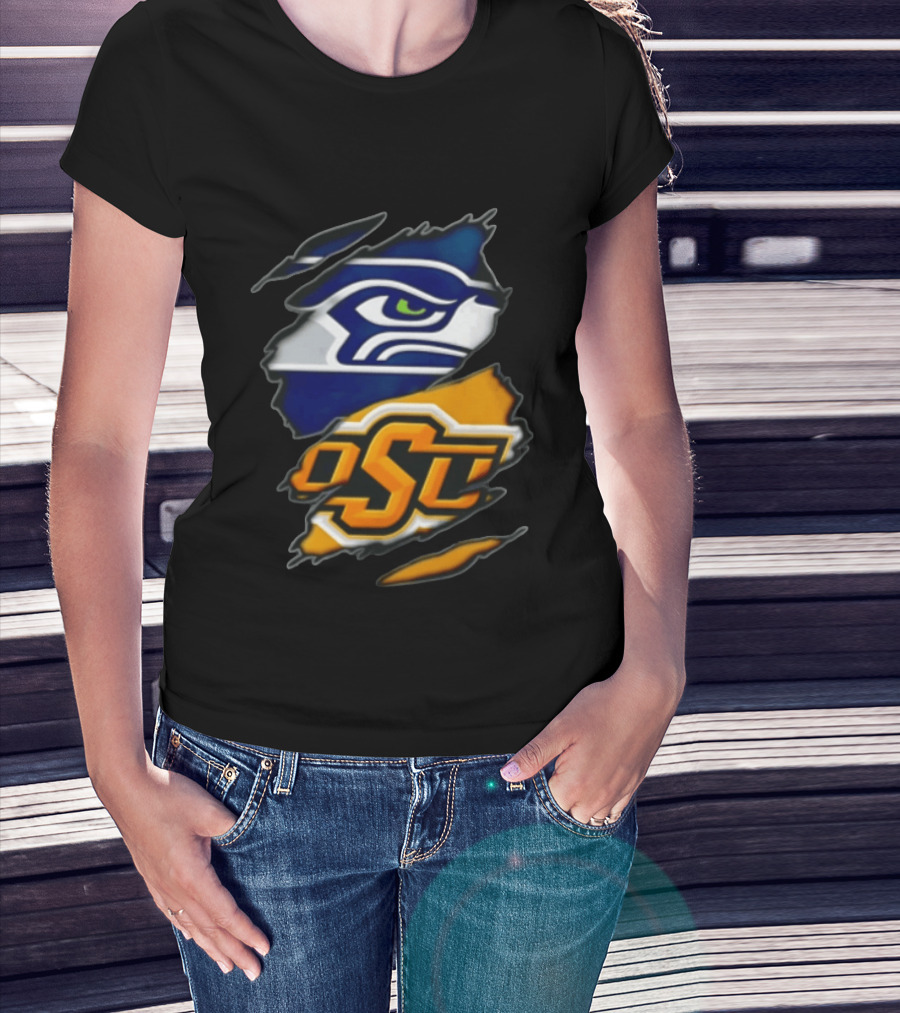 Seattle Seahawks Oklahoma State Cowboys Torn Fabric Reveal Sports T-Shirt