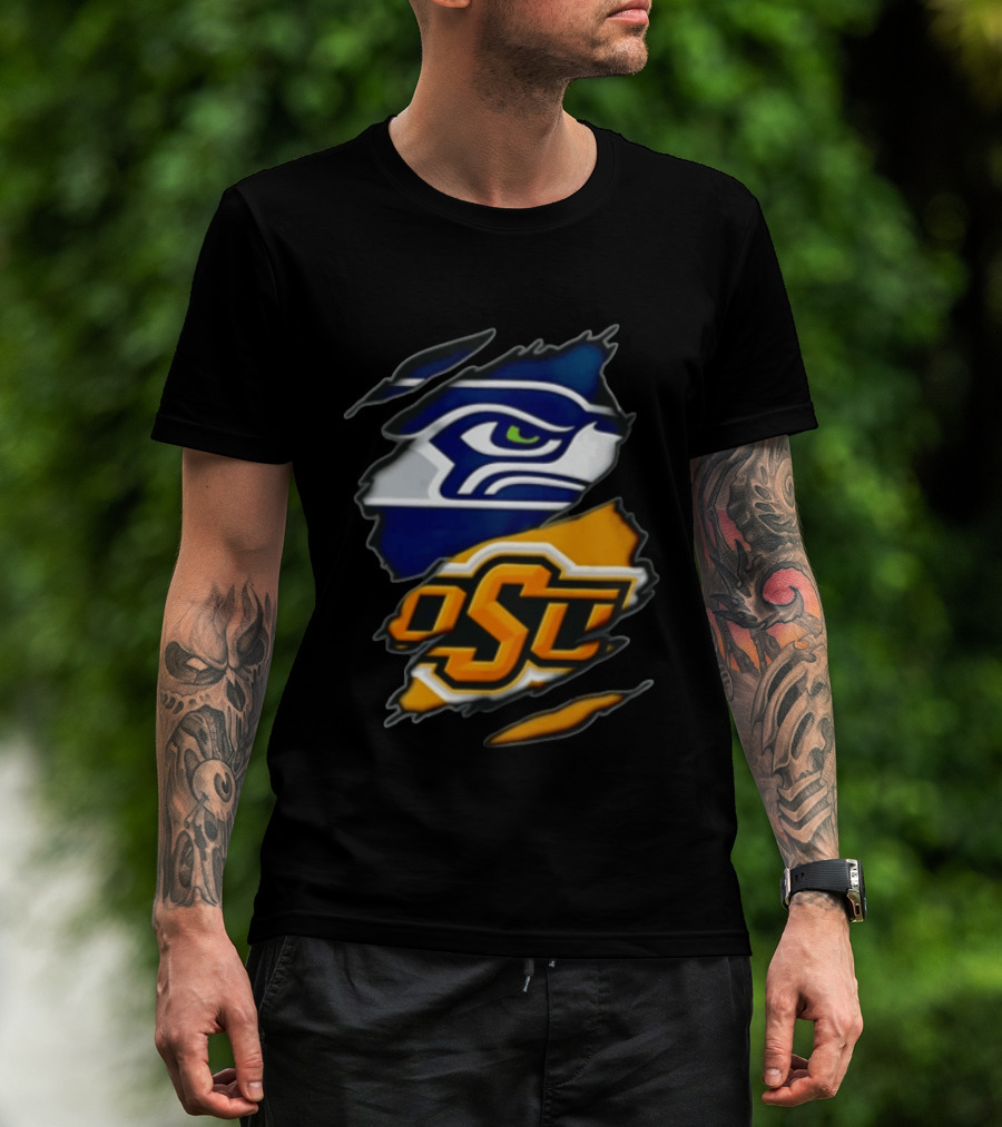 Seattle Seahawks Oklahoma State Cowboys Torn Fabric Reveal Sports T-Shirt