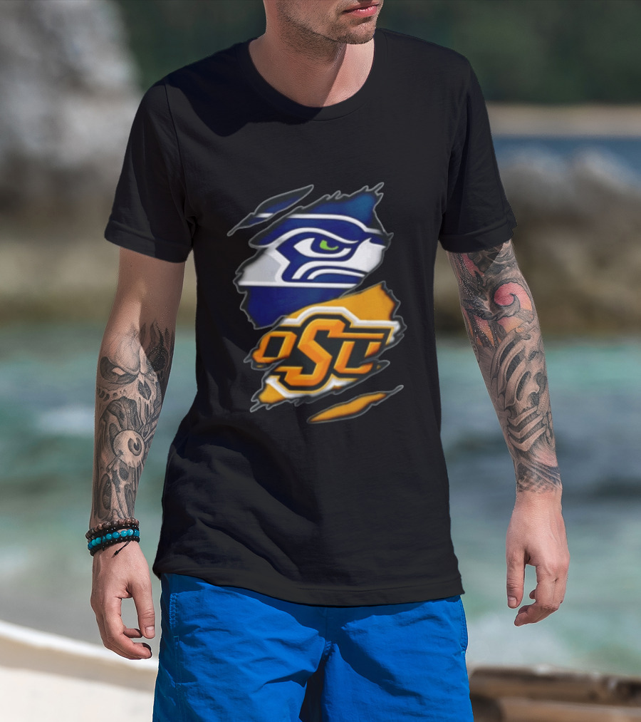 Seattle Seahawks Oklahoma State Cowboys Torn Fabric Reveal Sports T-Shirt