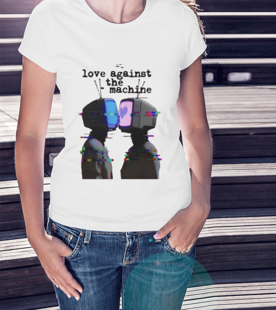 Love Against The Machine Two Television Heads Kissing Glitch Heart T-Shirt