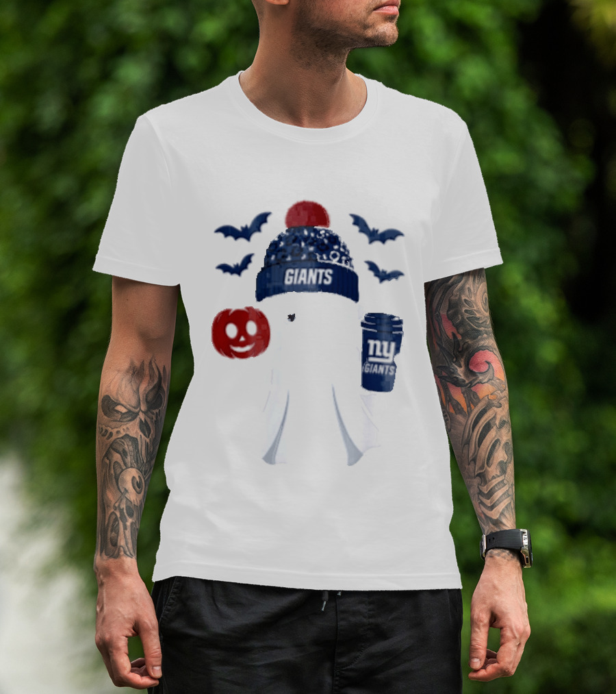 New York Giants Ghost Halloween Beanie With Pumpkin Coffee And Bats T-Shirt