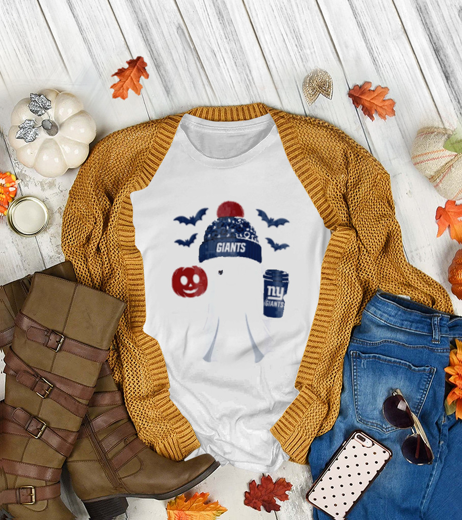 New York Giants Ghost Halloween Beanie With Pumpkin Coffee And Bats T-Shirt