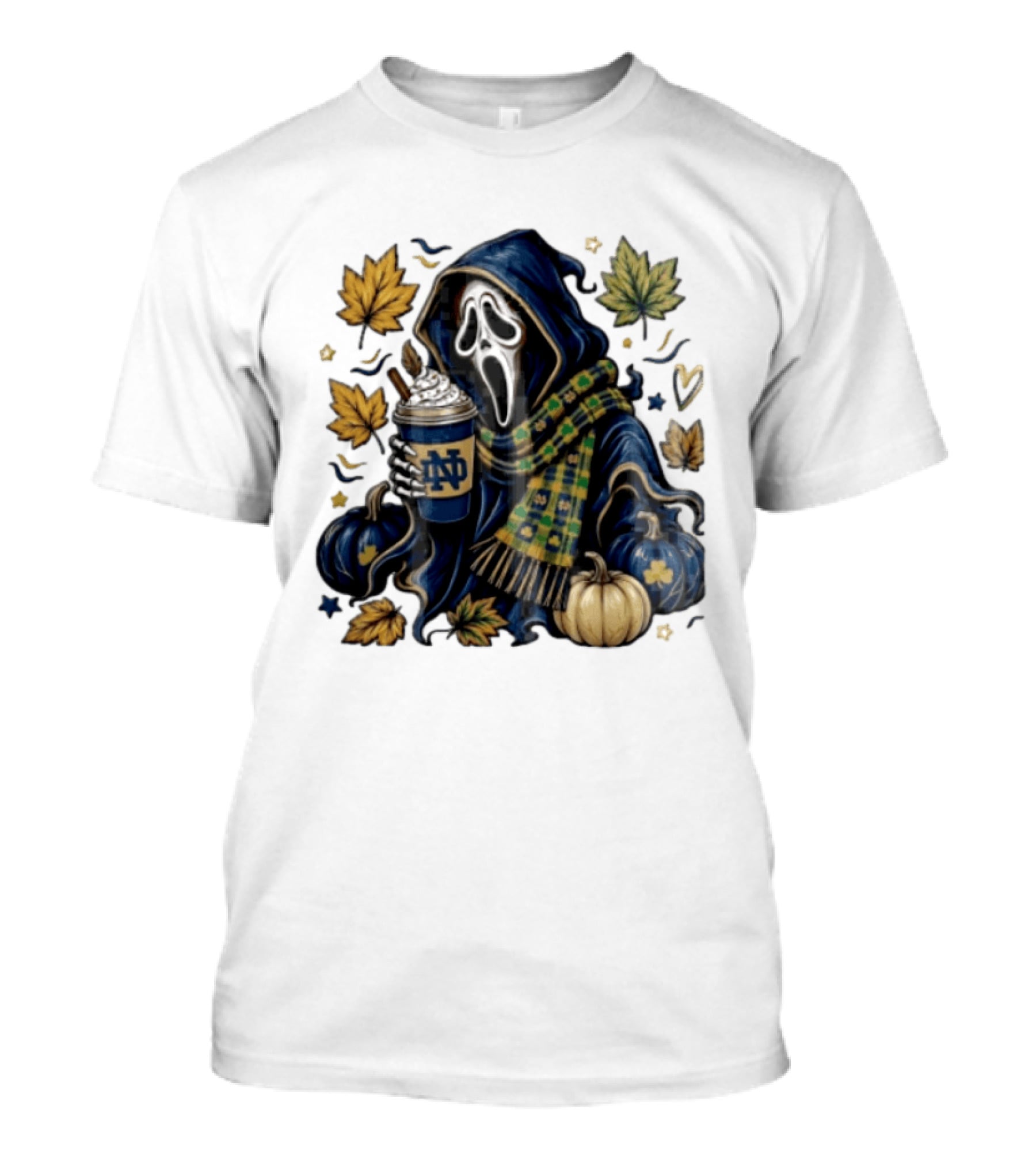 Notre Dame Ghostface Holding Coffee Autumn Leaves Pumpkins T-Shirt