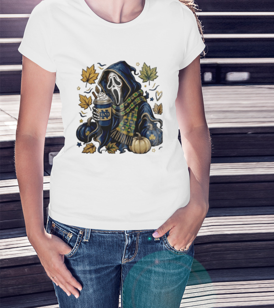 Notre Dame Ghostface Holding Coffee Autumn Leaves Pumpkins T-Shirt