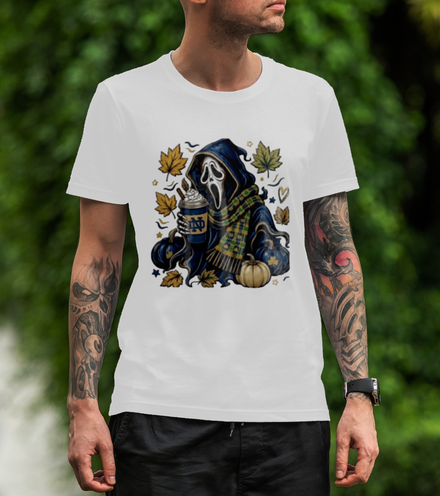 Notre Dame Ghostface Holding Coffee Autumn Leaves Pumpkins T-Shirt
