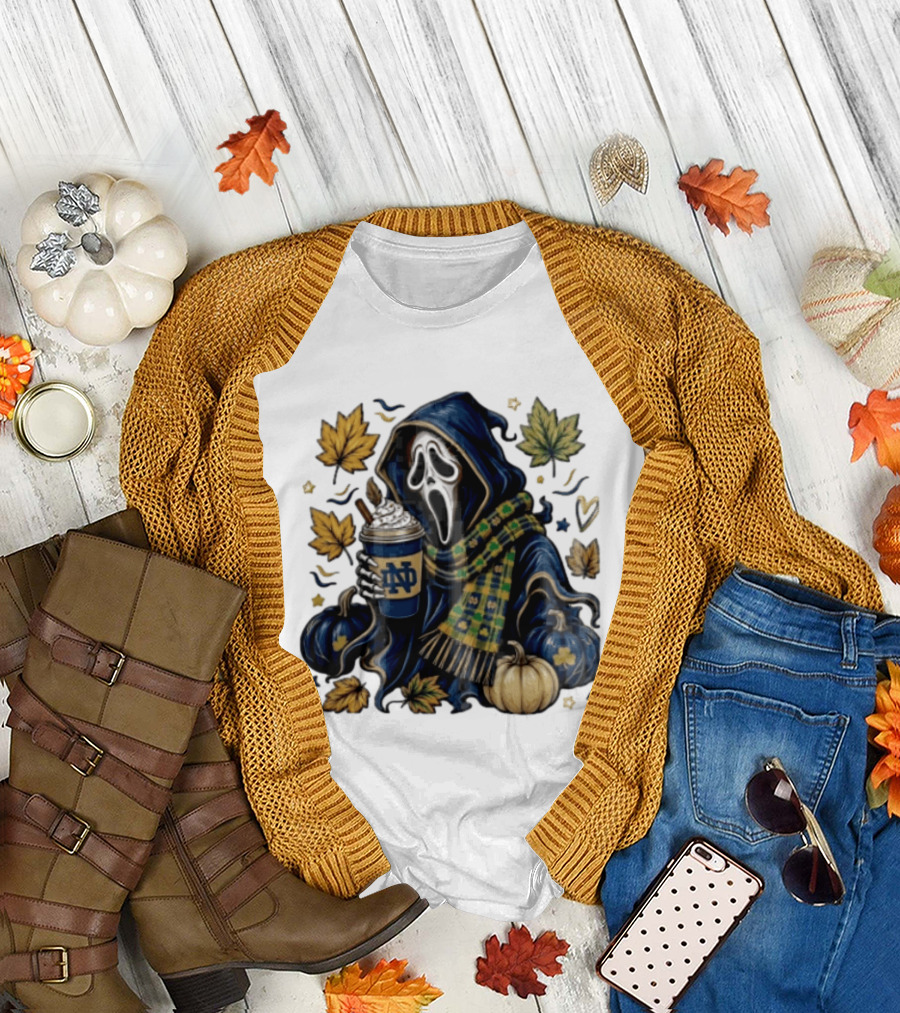 Notre Dame Ghostface Holding Coffee Autumn Leaves Pumpkins T-Shirt