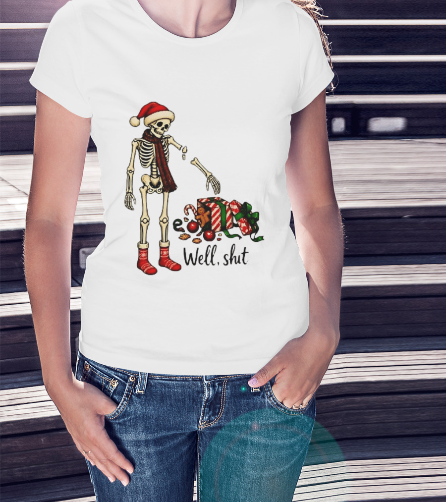 Well Shit Christmas Skeleton Gingerbread Man Santa Hat T-Shirt