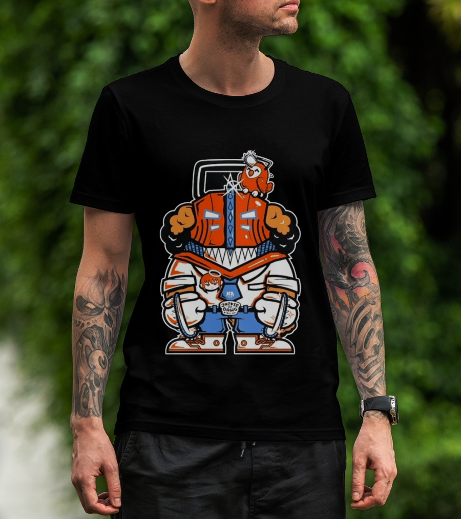 Jackie The Dawg Mau Mau Chainsaw Robot Cartoon Character With Bird T-Shirt