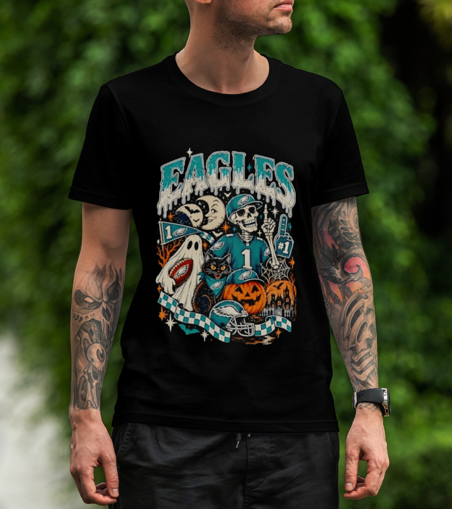Eagles Jalen Hurts Halloween Skeleton Ghost Black Cat Pumpkin T-Shirt