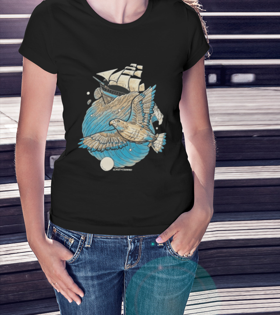 Scale The Summit Eagle Flying Over Sailing Ship Ocean Adventure T-Shirt