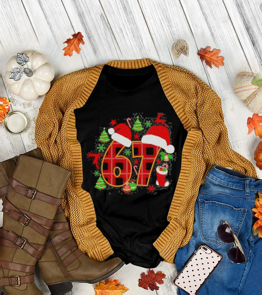 67 Christmas Plaid With Santa Hats And Festive Decorations T-Shirt