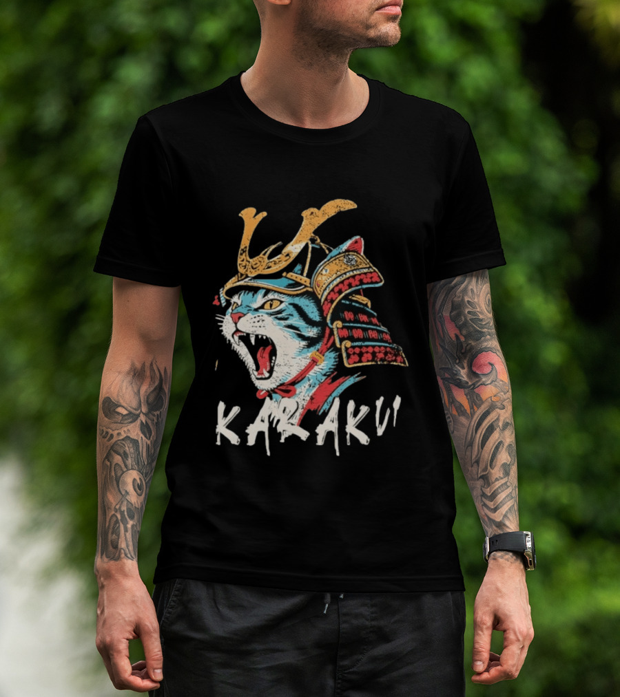 Karaku Distressed Samurai Cat With Helmet And Snarling Expression T-Shirt