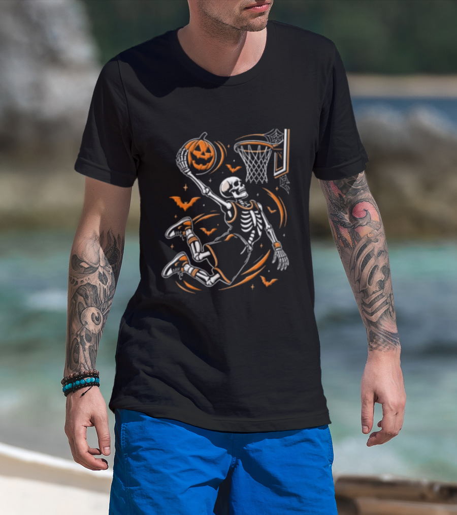 Skeleton Slam Dunk Pumpkin Basketball Hoop Spooky Halloween T-Shirt