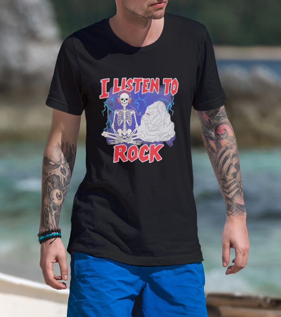 I Listen To Rock Skeleton Headphones Music T-Shirt