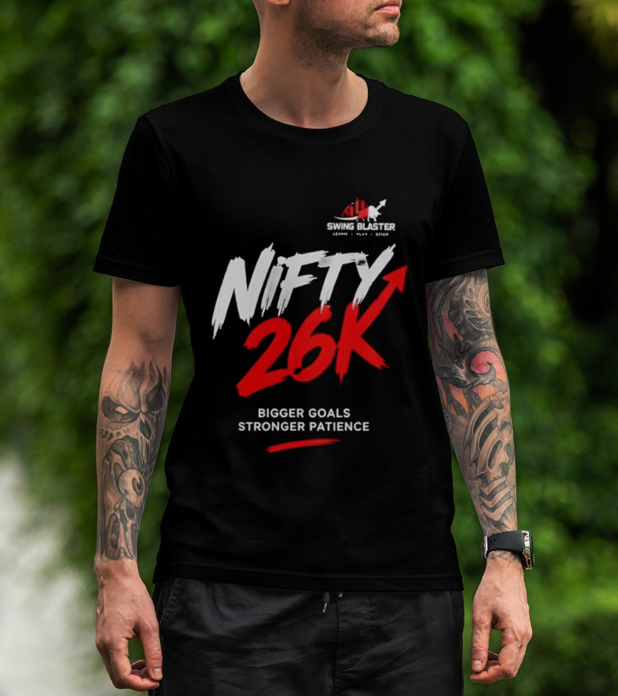 Swing Blaster Nifty 26K Bigger Goals Stronger Patience Bull And Bear Stock Market Trading Insights T-Shirt