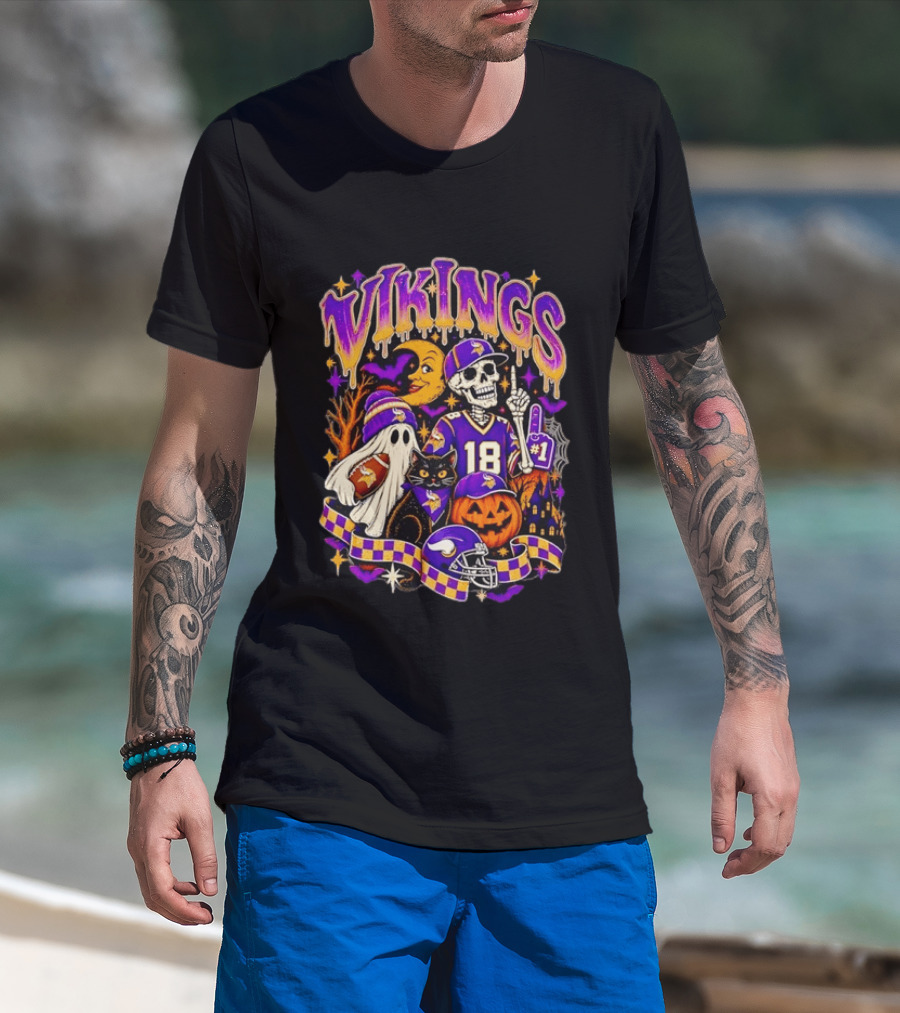 Vikings Halloween Skeleton Football 18 With Ghost Cat And Pumpkins T-Shirt