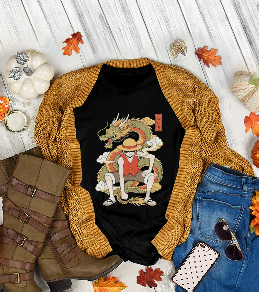 Monkey D Luffy With Dragon And Kanji One Piece Anime T-Shirt