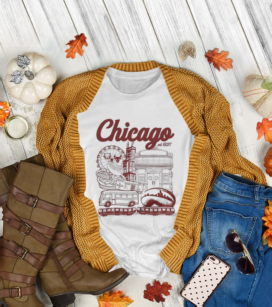 Chicago City Landmarks Illinois Est 1837 Ferris Wheel Hot Dog Retro Bus T-Shirt