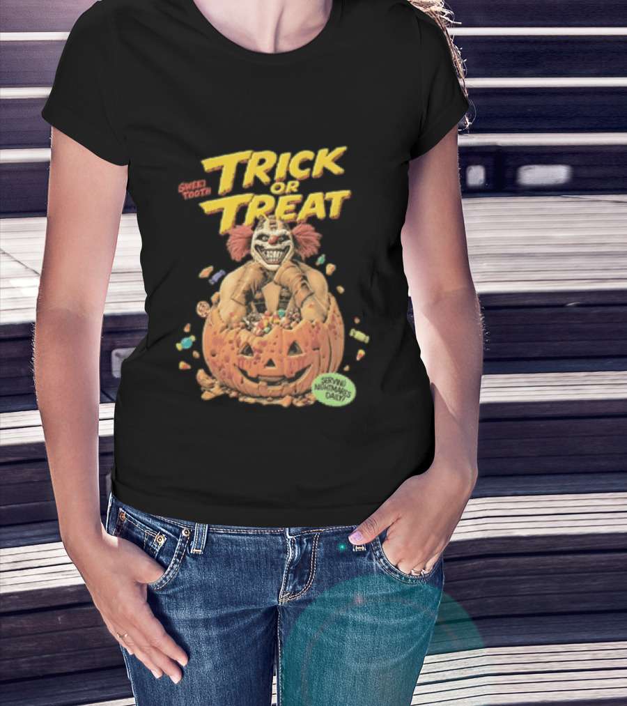 Twisted Metal Sweet Tooth Trick Or Treat Serving Nightmares Daily Pumpkin Candy T-Shirt