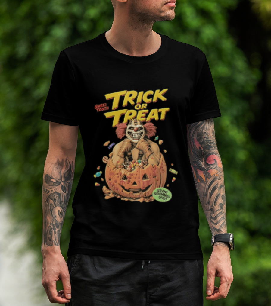 Twisted Metal Sweet Tooth Trick Or Treat Serving Nightmares Daily Pumpkin Candy T-Shirt