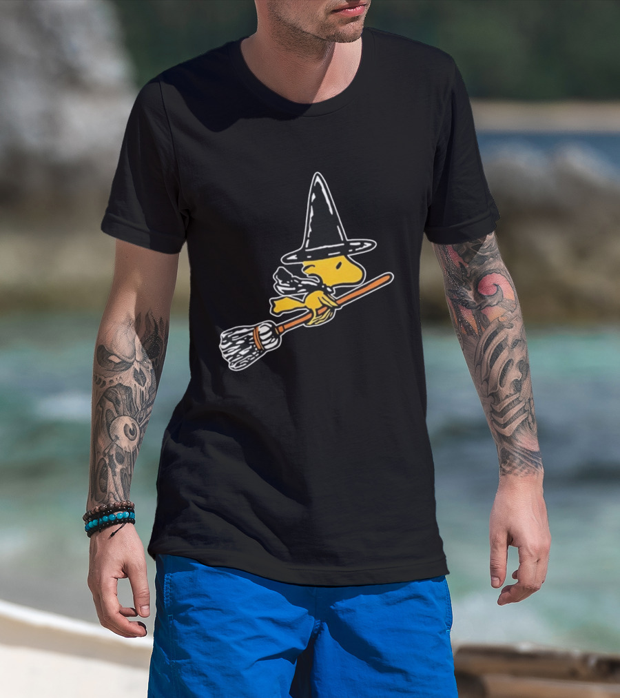 Woodstock Peanuts Halloween Witch Flying On Broomstick T-Shirt