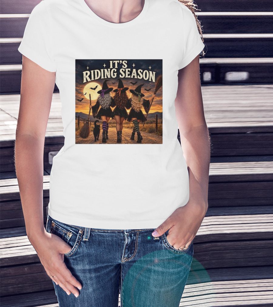 Halloween Witches With Brooms Under Full Moon And Black Cats T-Shirt