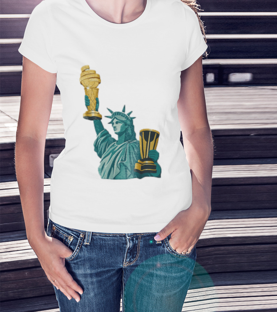 Lady Liberty Holding Dual Championship Trophies Soccer And Basketball T-Shirt